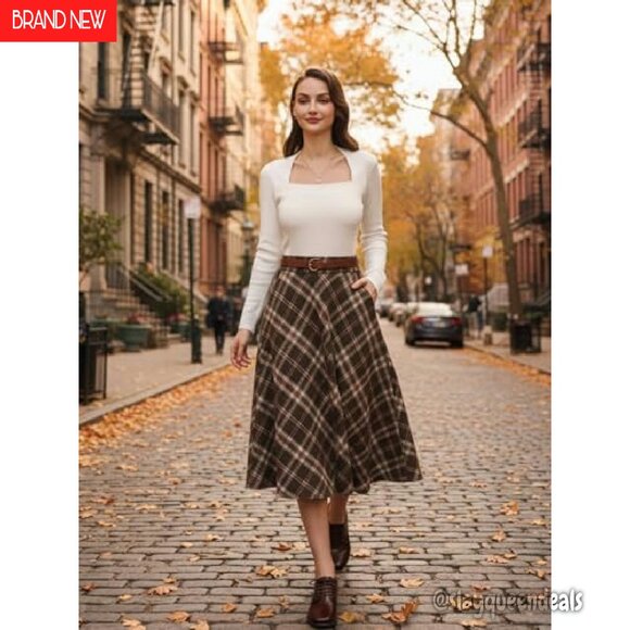 Plaid Midi Skirt with Pockets High Elastic Waist A-Line Fall Winter - Picture 4 of 8